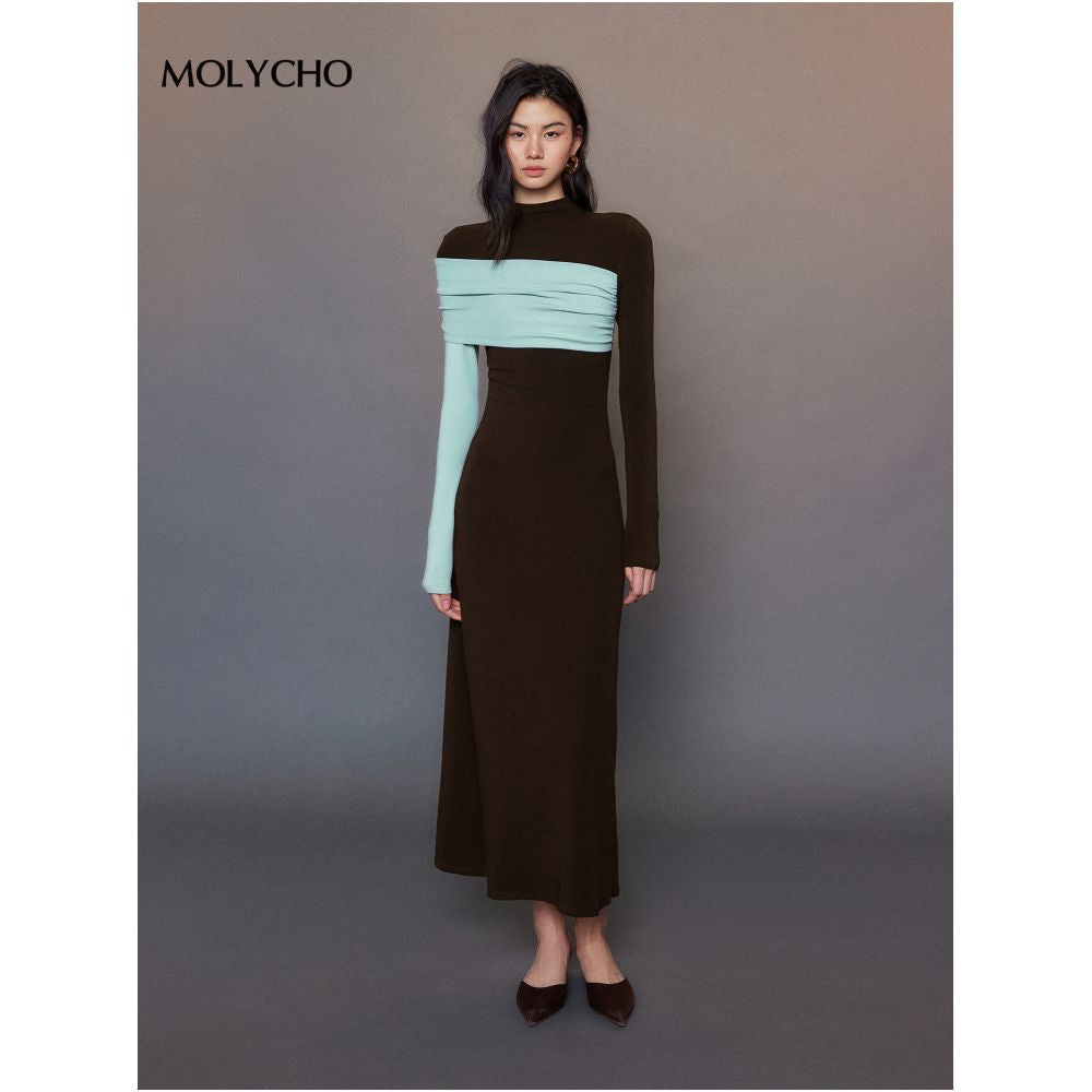 MOLYCHO Color blocked splicing Half high neck long sleeved T shirt for women Interior base small shirt slim fit top image 2
