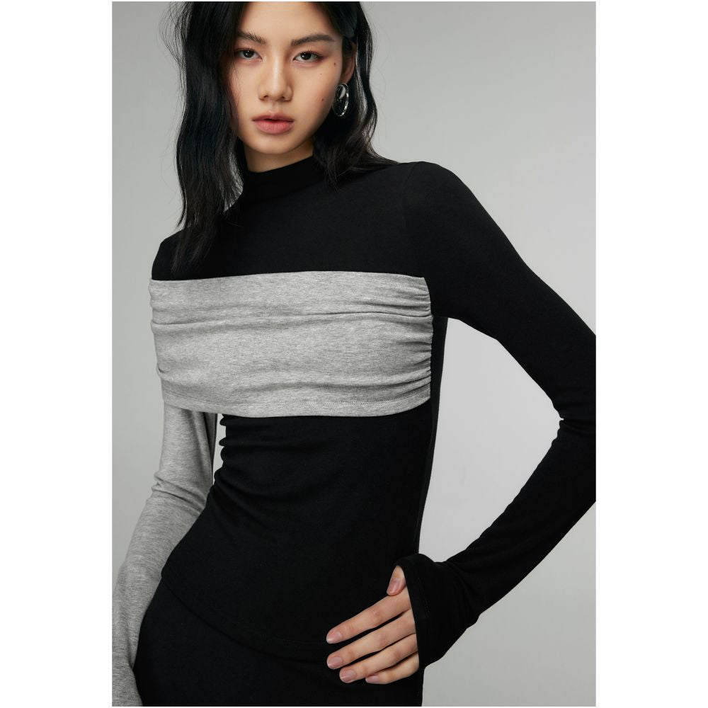 MOLYCHO Color blocked splicing Half high neck long sleeved T shirt for women Interior base small shirt slim fit top image 16