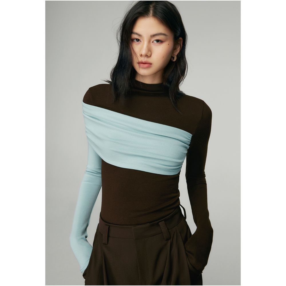 MOLYCHO Color blocked splicing Half high neck long sleeved T shirt for women Interior base small shirt slim fit top image 20