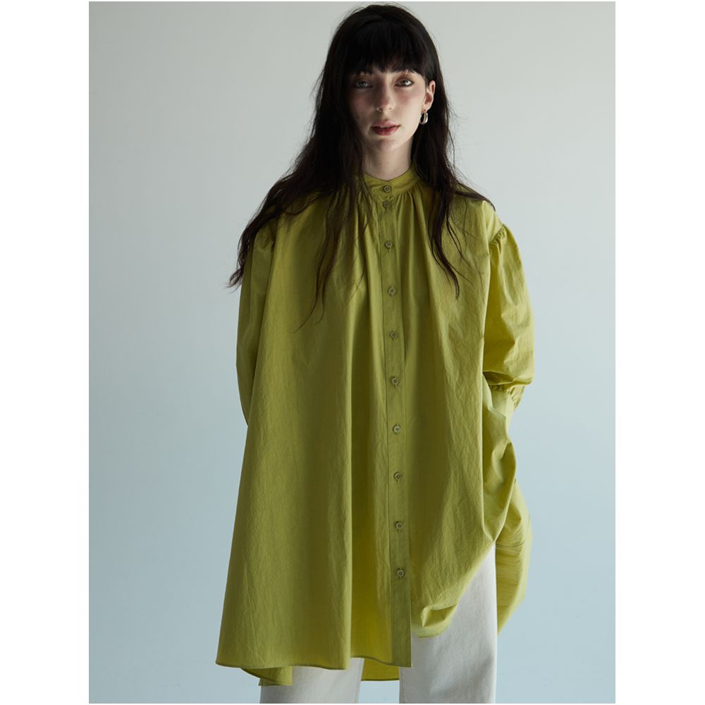 ItoshIroshI standing collar mustard yellow green silhouette A line long back short seven quarter lantern sleeves open collar pleated shirt image 1