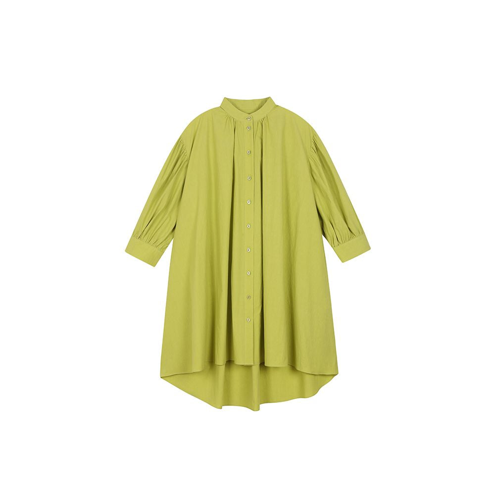 Asaya1397 - ItoshIroshI standing collar mustard yellow green silhouette A line long back short seven quarter lantern sleeves open collar pleated shirt