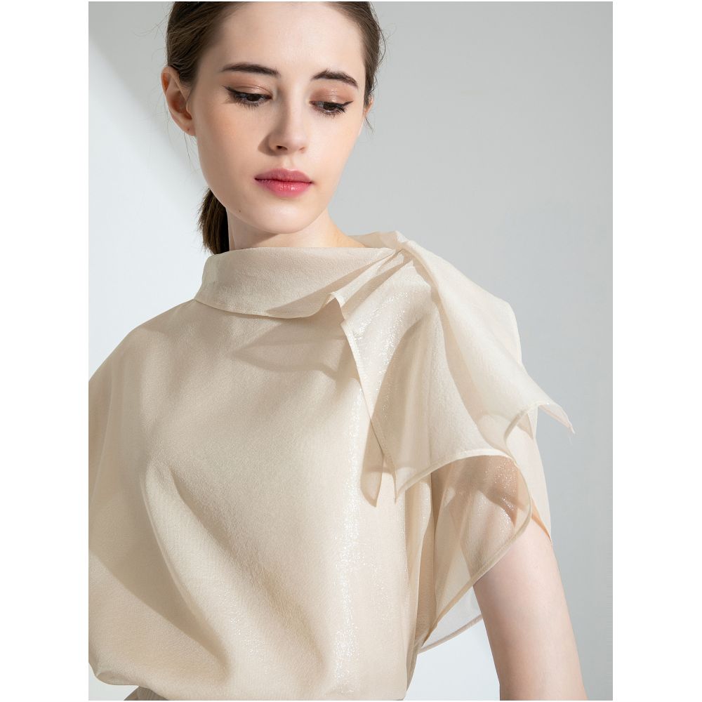 Sparkling Star River Soft Mist White Silk Organza Top with Misty Beauty Double Layer Silk Black Perspective Shirt image 1