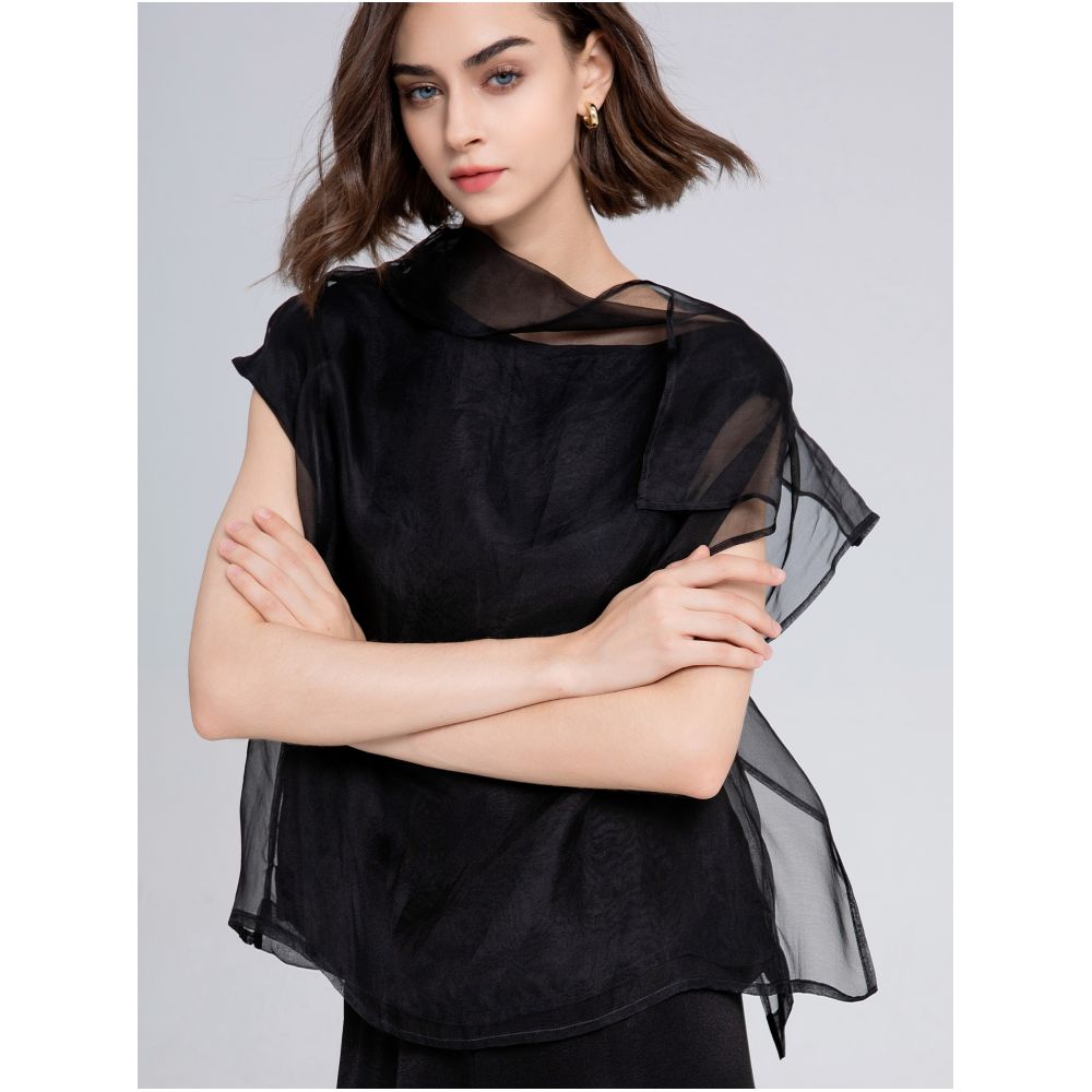 Sparkling Star River Soft Mist White Silk Organza Top with Misty Beauty Double Layer Silk Black Perspective Shirt image 4