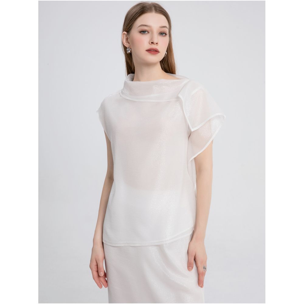 Sparkling Star River Soft Mist White Silk Organza Top with Misty Beauty Double Layer Silk Black Perspective Shirt image 7