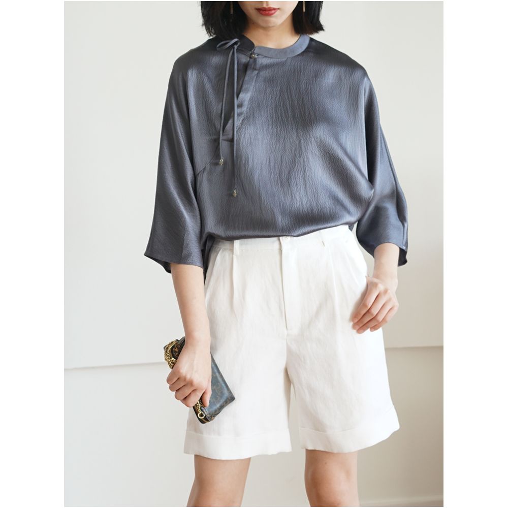 Real silk pearl satin new Chinese style top women s standing collar slanted collar seven quarter sleeve top shirt tie design SY012 image 3