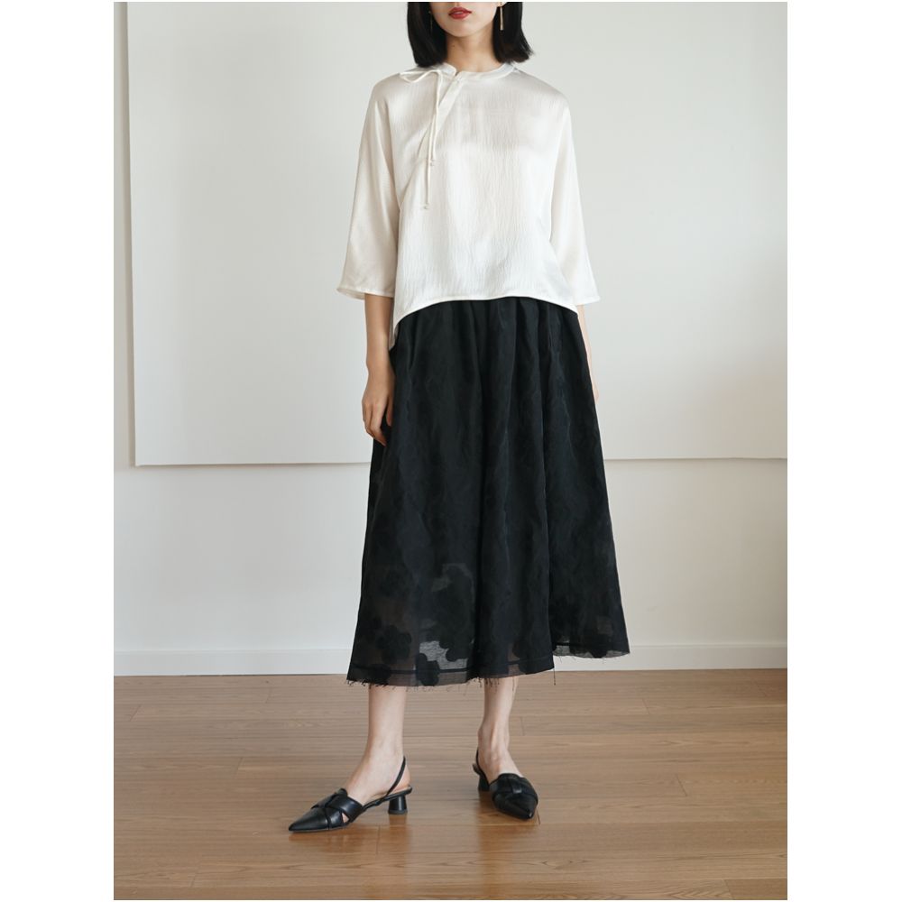 Real silk pearl satin new Chinese style top women s standing collar slanted collar seven quarter sleeve top shirt tie design SY012 image 4