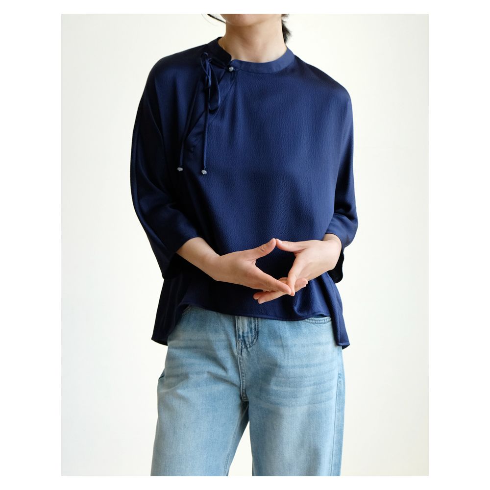 Real silk pearl satin new Chinese style top women s standing collar slanted collar seven quarter sleeve top shirt tie design SY012 image 7