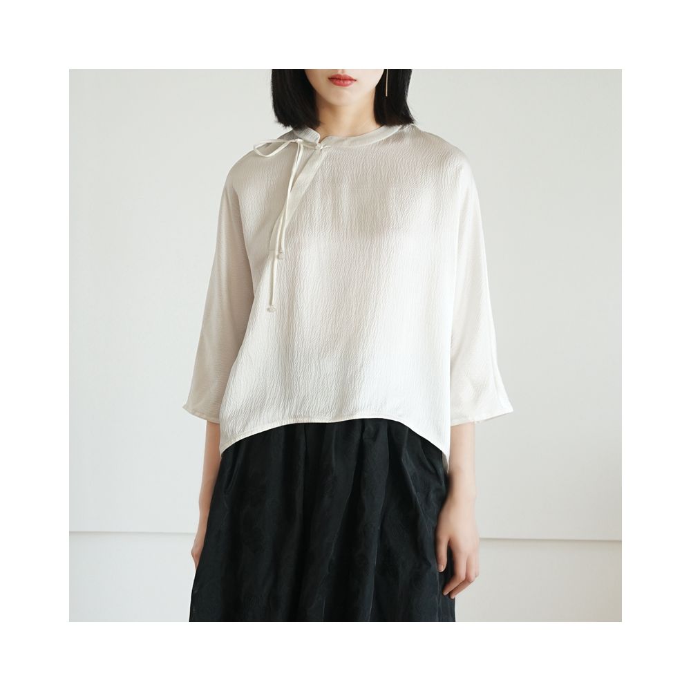 Real silk pearl satin new Chinese style top women s standing collar slanted collar seven quarter sleeve top shirt tie design SY012 image 10