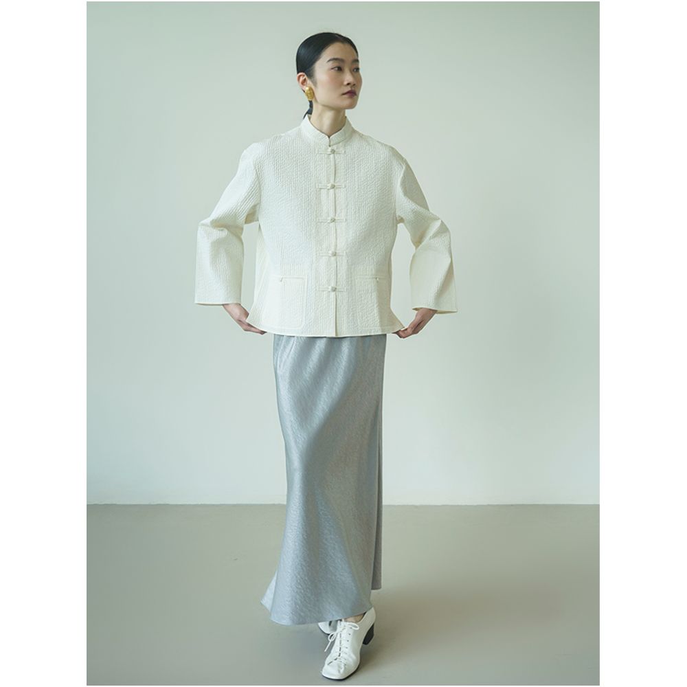 PaleBlueDot Original Design New Chinese White Stripe Button Quilted Shirt Autumn Winter image 8