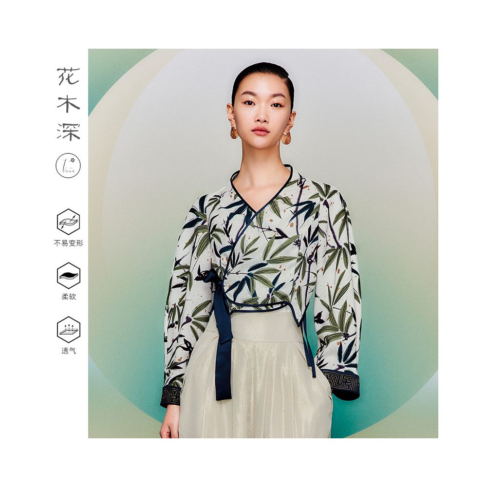 Celebrity style flower and tree deep vinegar Chinese style bamboo leaf top Chinese style improved Hanfu diagonal collar women s coat image 1