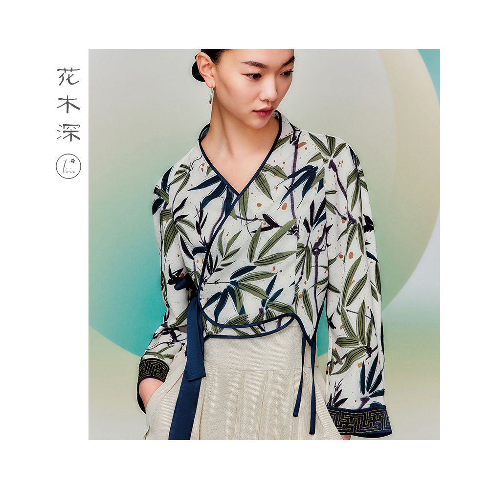Celebrity style flower and tree deep vinegar Chinese style bamboo leaf top Chinese style improved Hanfu diagonal collar women s coat image 3
