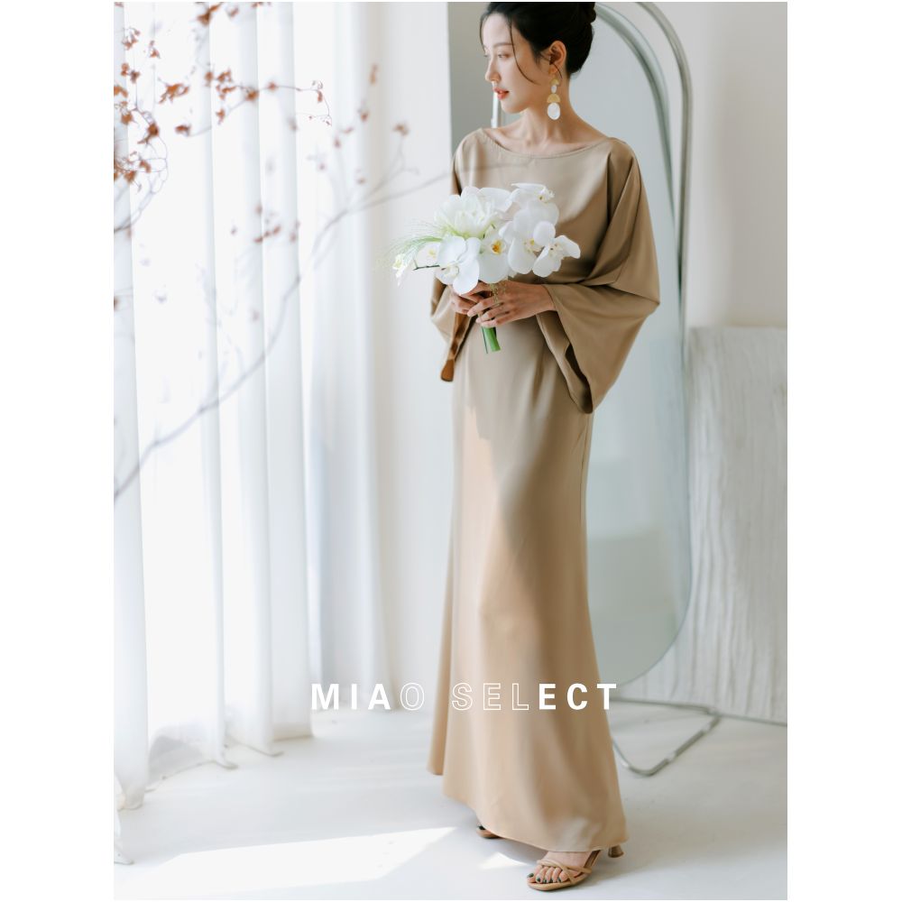 MiaoSelect u003cBean Lotus u003eFrench Style Elegant Skin friendly Satin Dress Bridal Morning Dress Bridesmaid Dress image 0