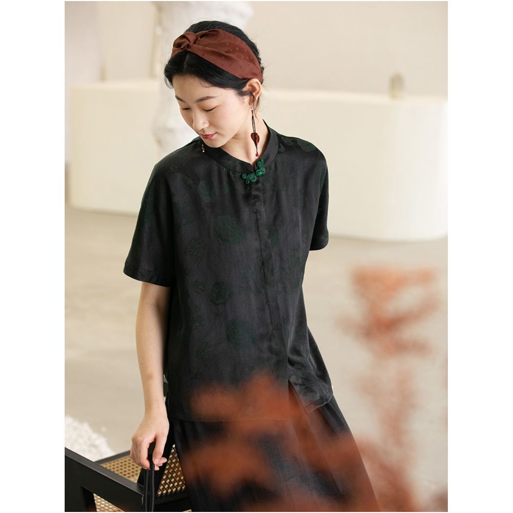 Original Design by Bu Xiaojiang Summer Youth Silk Short sleeved Fragrant Cloud Yarn Shirt High end Mulberry Silk Chinese Top image 6