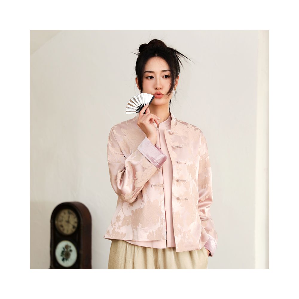 Taozhiyaoyao Chinese style 2023 Spring Fanghua Lotus pink Chinese style stand up collar button woven flower jacket solid color image 2