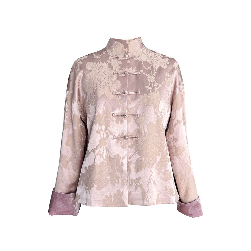 Taozhiyaoyao Chinese style 2023 Spring Fanghua Lotus pink Chinese style stand up collar button woven flower jacket solid color image 5
