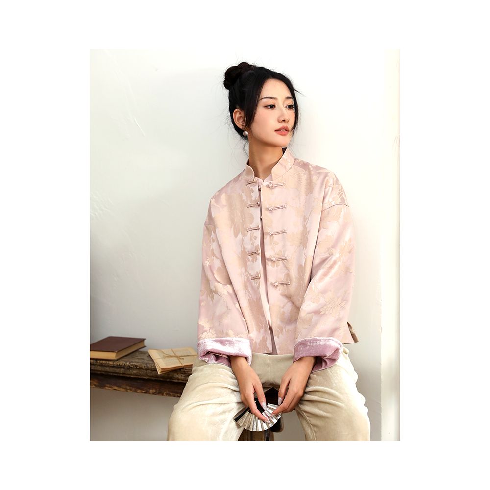 Taozhiyaoyao Chinese style 2023 Spring Fanghua Lotus pink Chinese style stand up collar button woven flower jacket solid color image 0