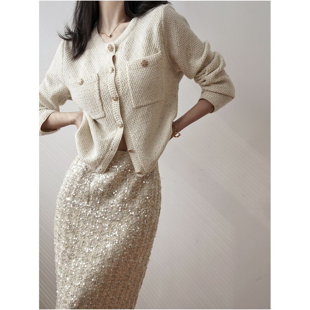 Deeply customized spring vintage temperament small fragrant cashmere wool light luxury gold and silver silk jacquard knitted cardigan for women image 0