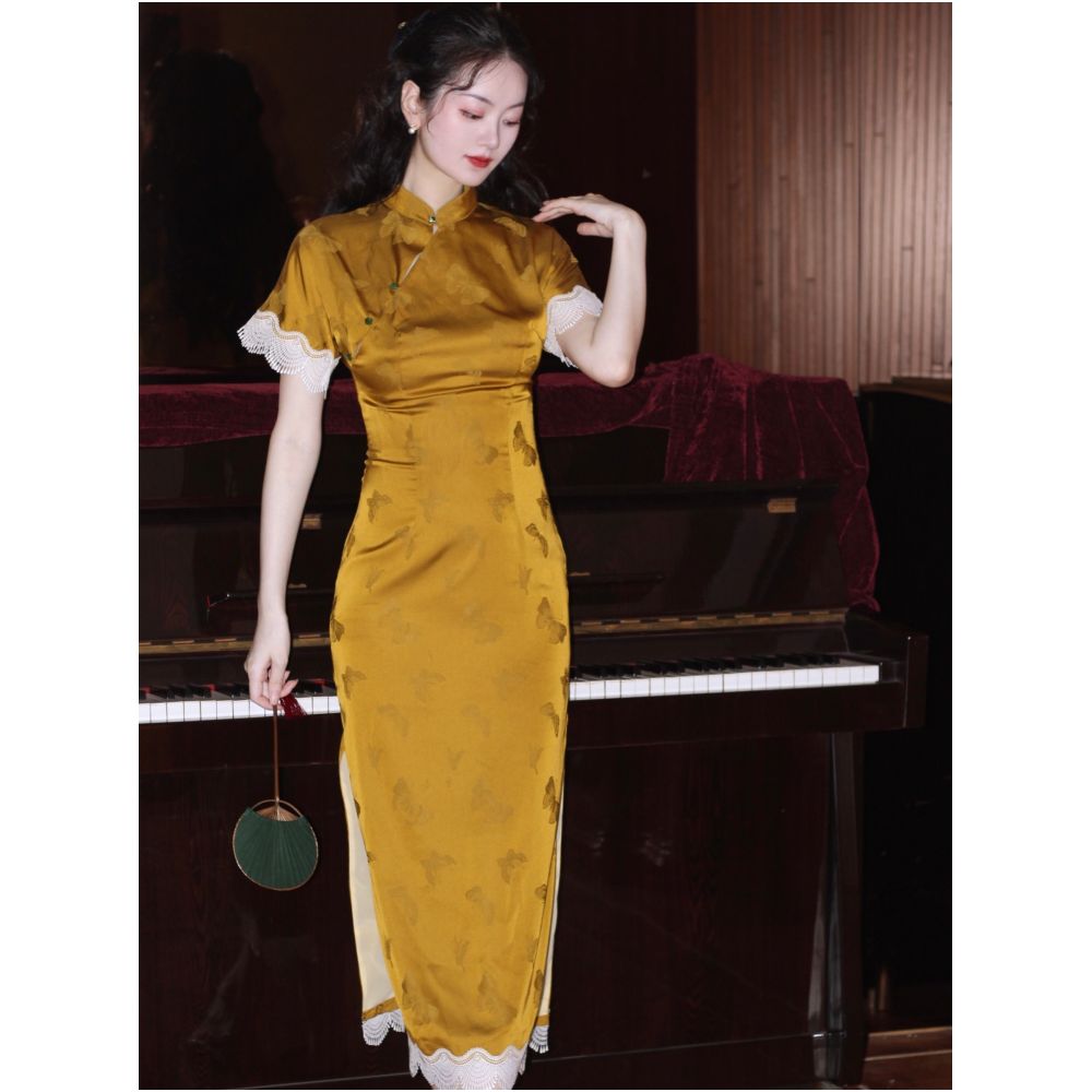 Zhongmiao New Chinese Style Love Yellow Butterfly Original Chinese Style Improved Toast Dress Slim fit Long Lace Silk Cheongsam for Women image 2
