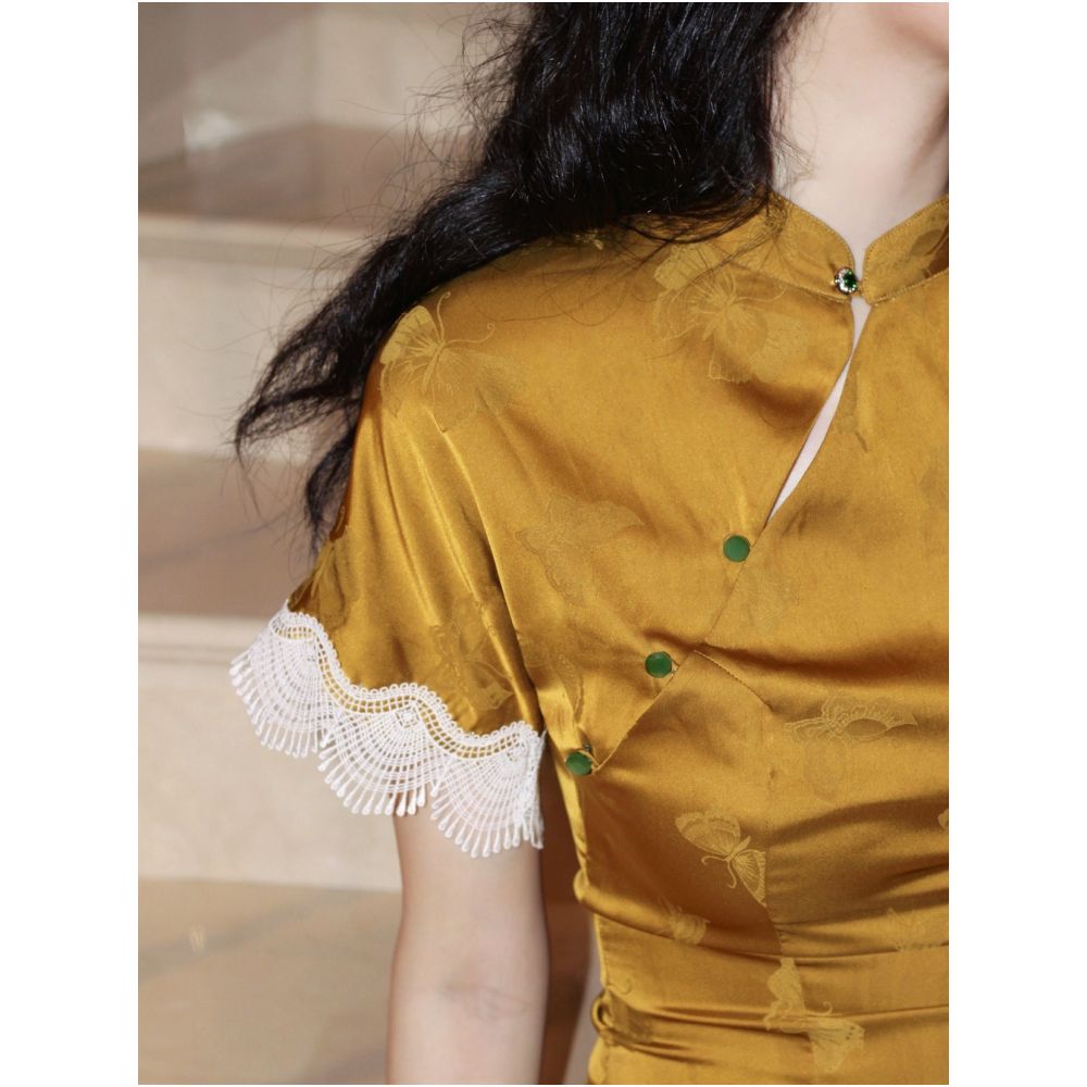Zhongmiao New Chinese Style Love Yellow Butterfly Original Chinese Style Improved Toast Dress Slim fit Long Lace Silk Cheongsam for Women image 3