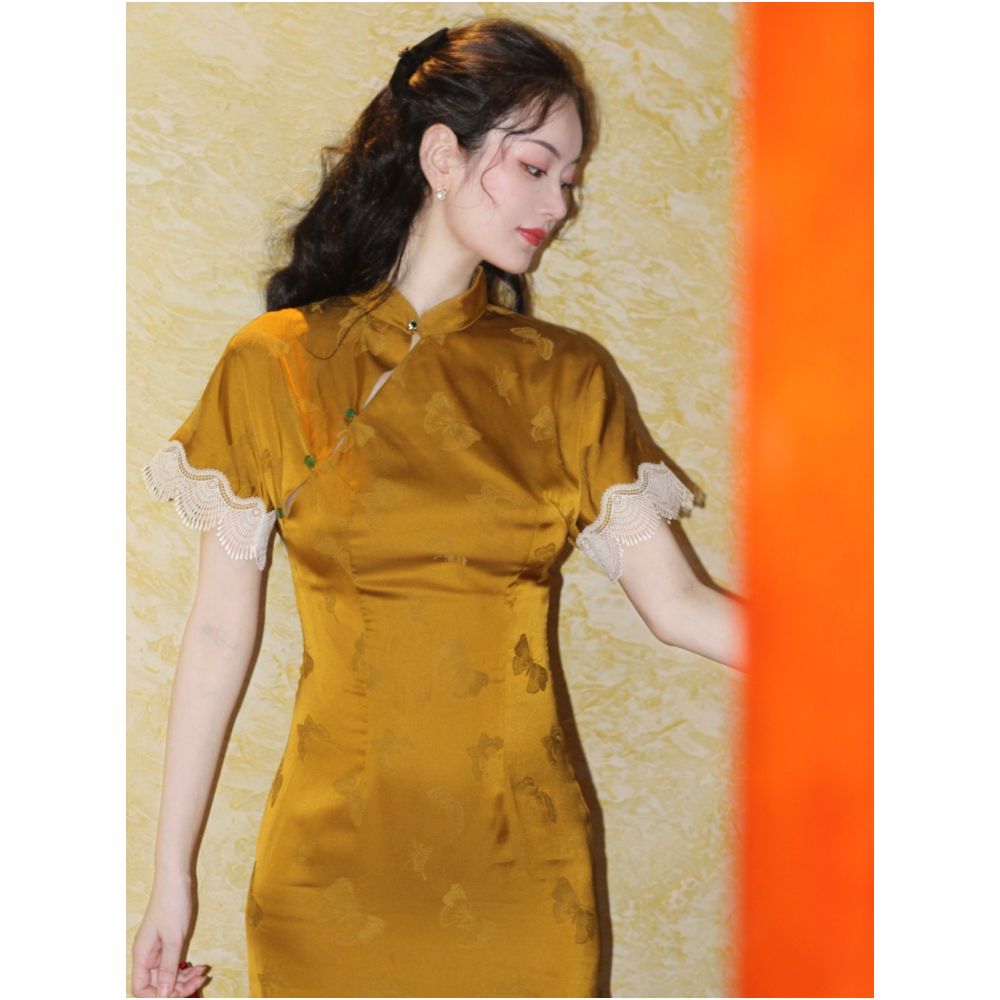 Zhongmiao New Chinese Style Love Yellow Butterfly Original Chinese Style Improved Toast Dress Slim fit Long Lace Silk Cheongsam for Women image 4