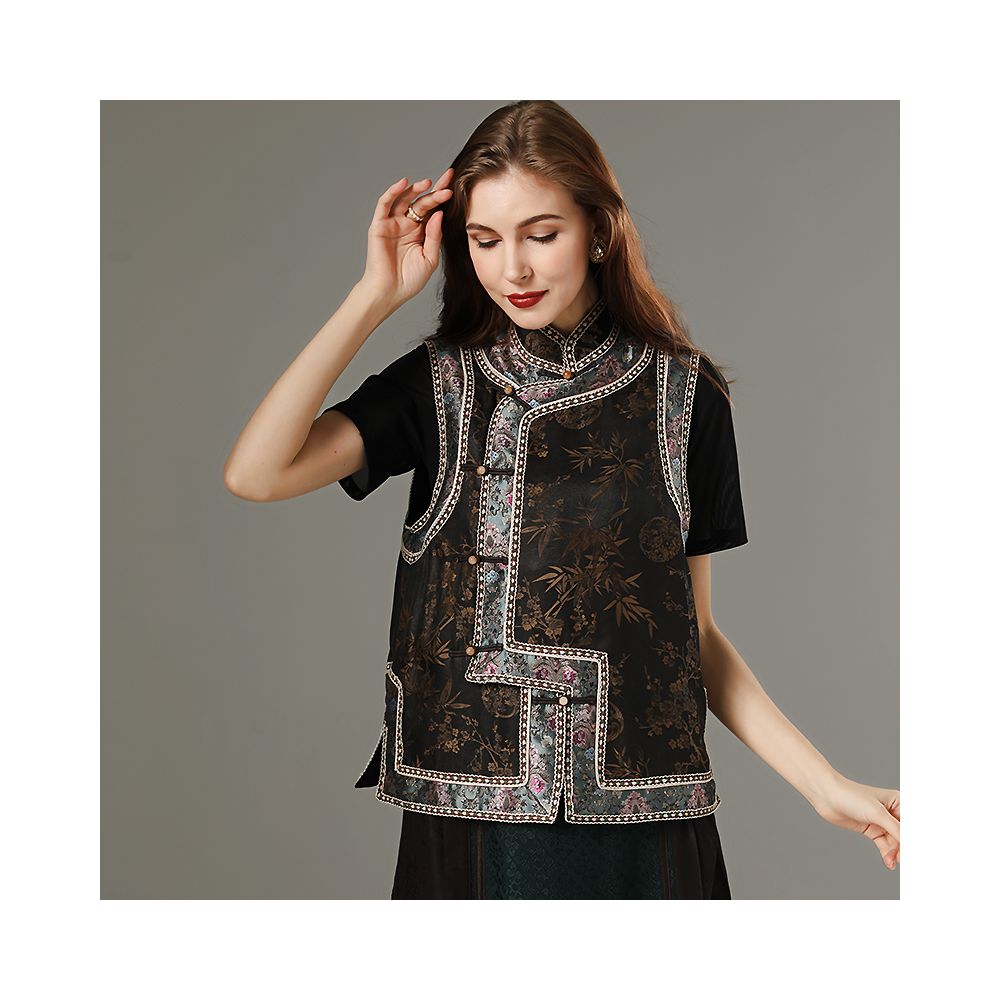 Ethnic style vest women s summer silk fragrant cloud yarn embroidered printed oversized vest shoulder buckle Chinese style top image 10