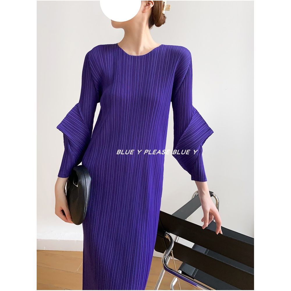 BLUE Y Spring Design Sleeves Round Neck Medium Length Folded Dress Long Sleeves Nine Cent Sleeves Slim Fit image 11