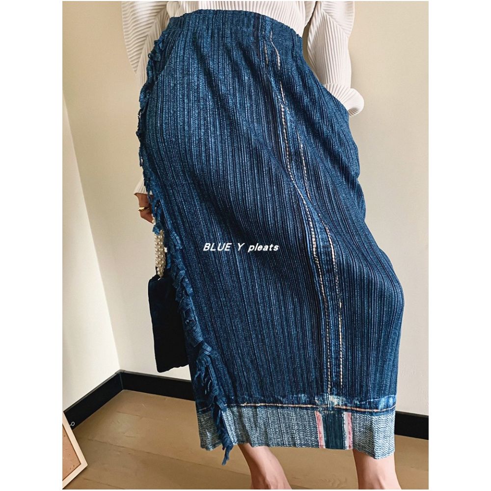 BLUE Y spring and summer three fold imitation denim with tassel edges on both sides vintage mid length high waist skin friendly one step skirt image 3