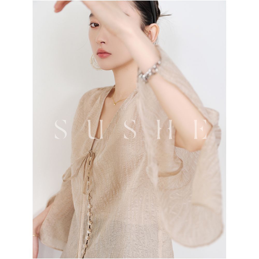 New Chinese style series Shuxi SUSHE fairy atmosphere surround effect flared sleeves V neck long cardigan women s summer image 3