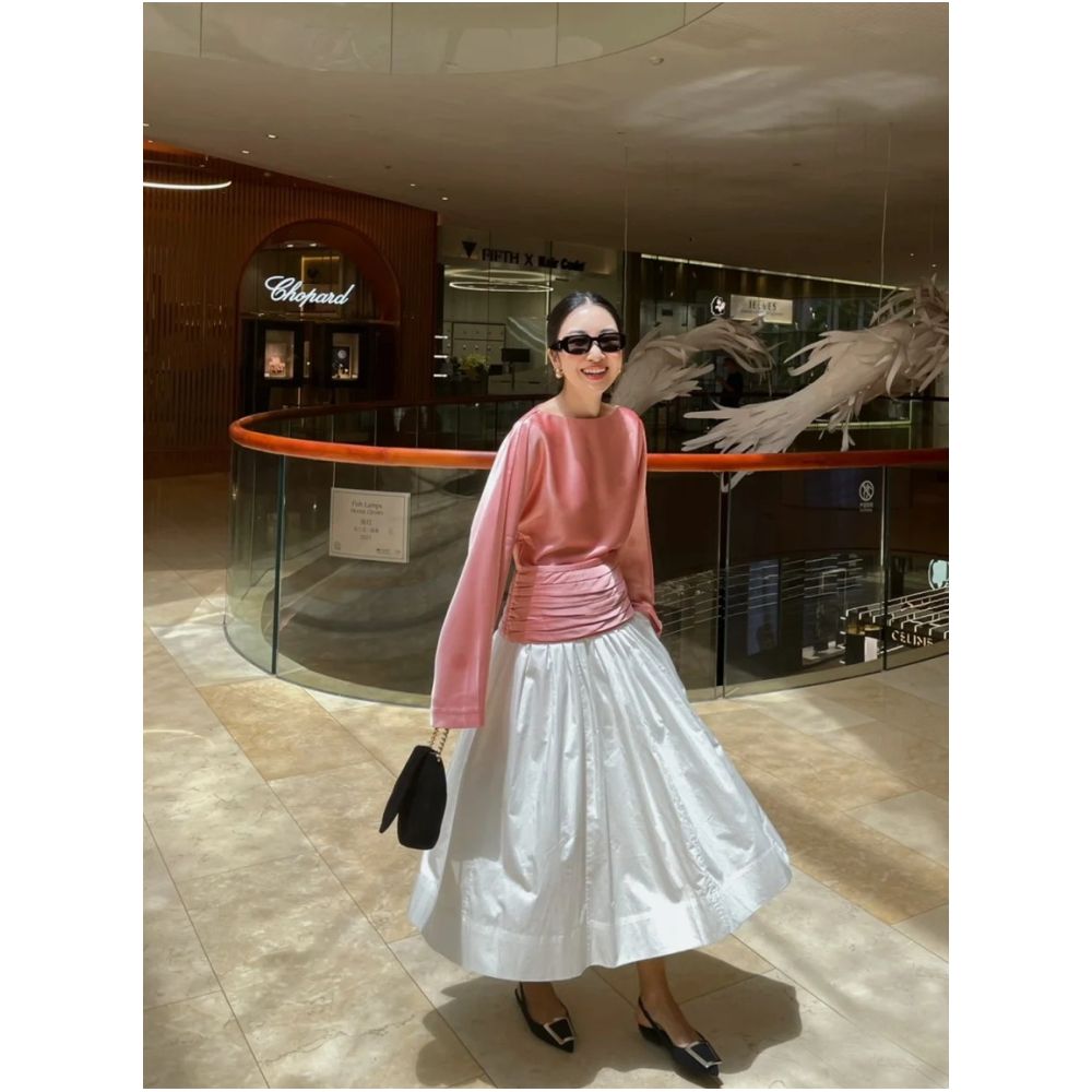 WINNI CELH spring and summer new elegant texture silky pleated design pullover one shoulder glossy pink top image 2