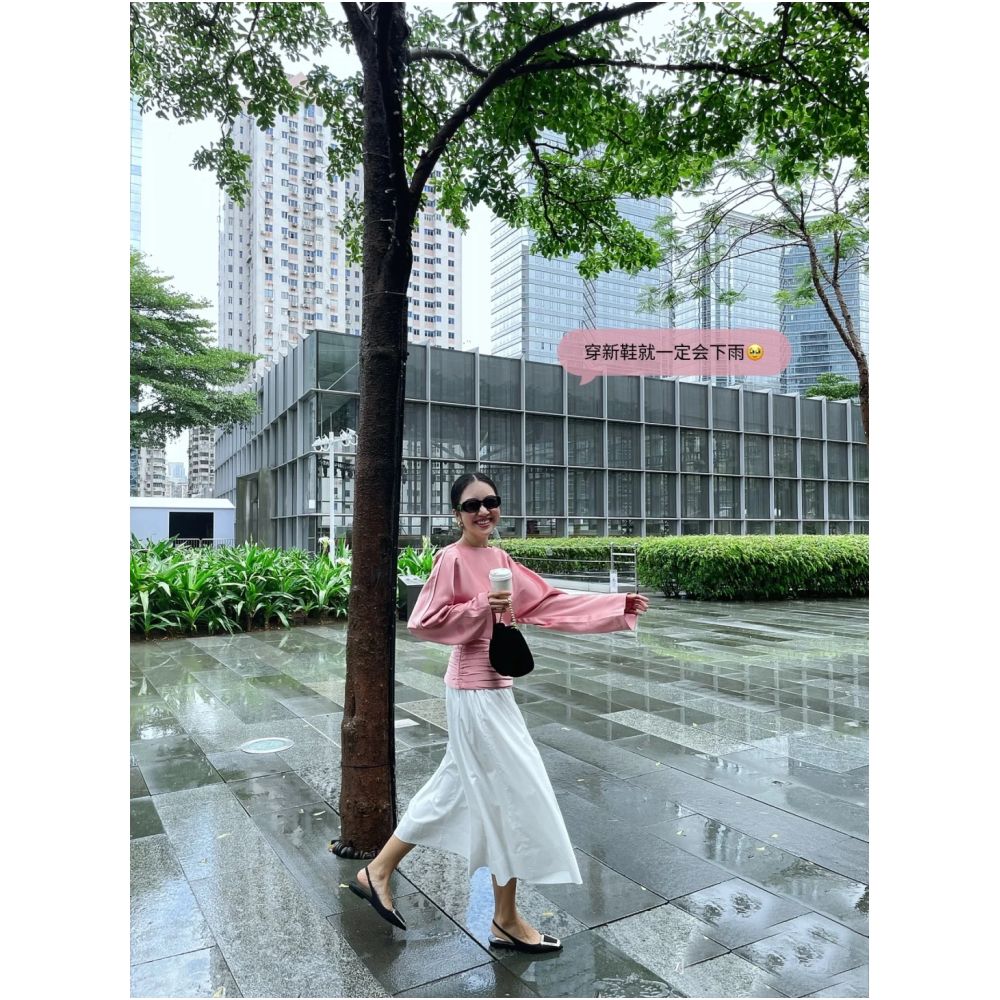 WINNI CELH spring and summer new elegant texture silky pleated design pullover one shoulder glossy pink top image 3