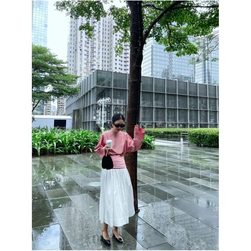 WINNI CELH spring and summer new elegant texture silky pleated design pullover one shoulder glossy pink top image 4