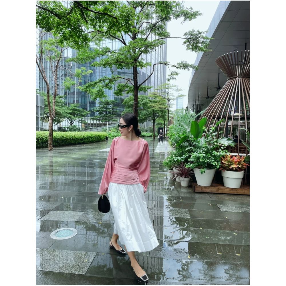 WINNI CELH spring and summer new elegant texture silky pleated design pullover one shoulder glossy pink top image 5