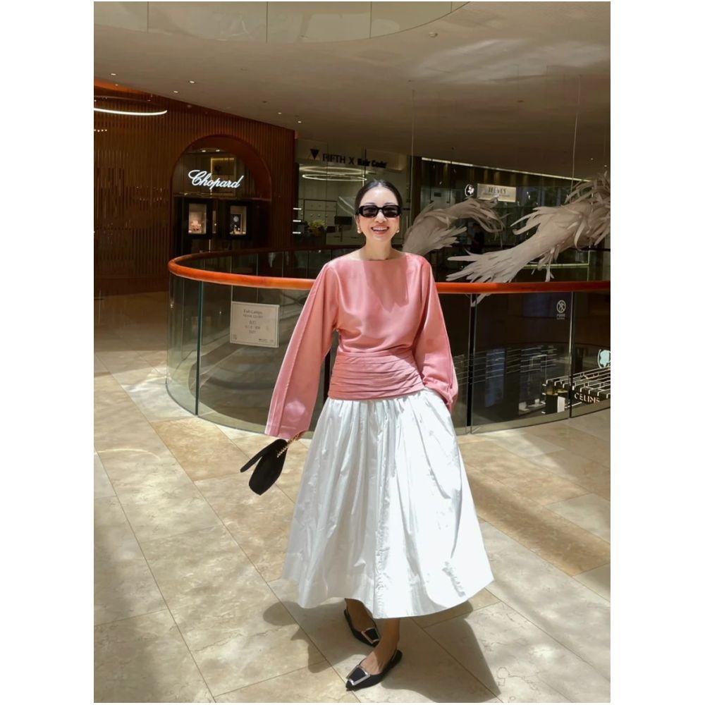 WINNI CELH spring and summer new elegant texture silky pleated design pullover one shoulder glossy pink top image 0