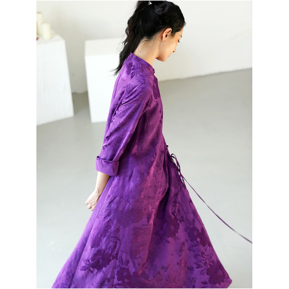 Taozhi Yaoyao Improved Cheongsam 2023 Spring Azi Commuting Artistic Loose Waist Jacquard Solid Color Long Sleeve Dress image 0