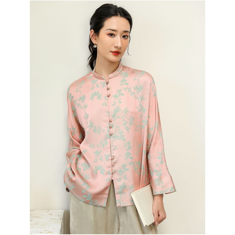 Tao Zhiyao China Chic New Chinese Autumn 2022 Huaying Commuting Literature and Art Acetic Acid Jacquard Stand Collar Long Sleeve Shirt Type A image 3