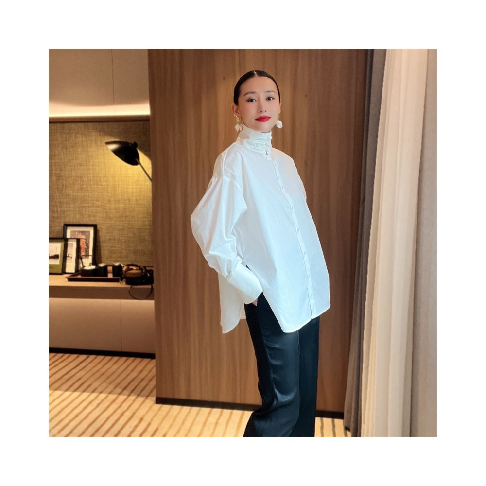 Chinese minimalist pure white cotton shirt women s button up stand collar versatile loose curved high slit long sleeved top T2066 image 1