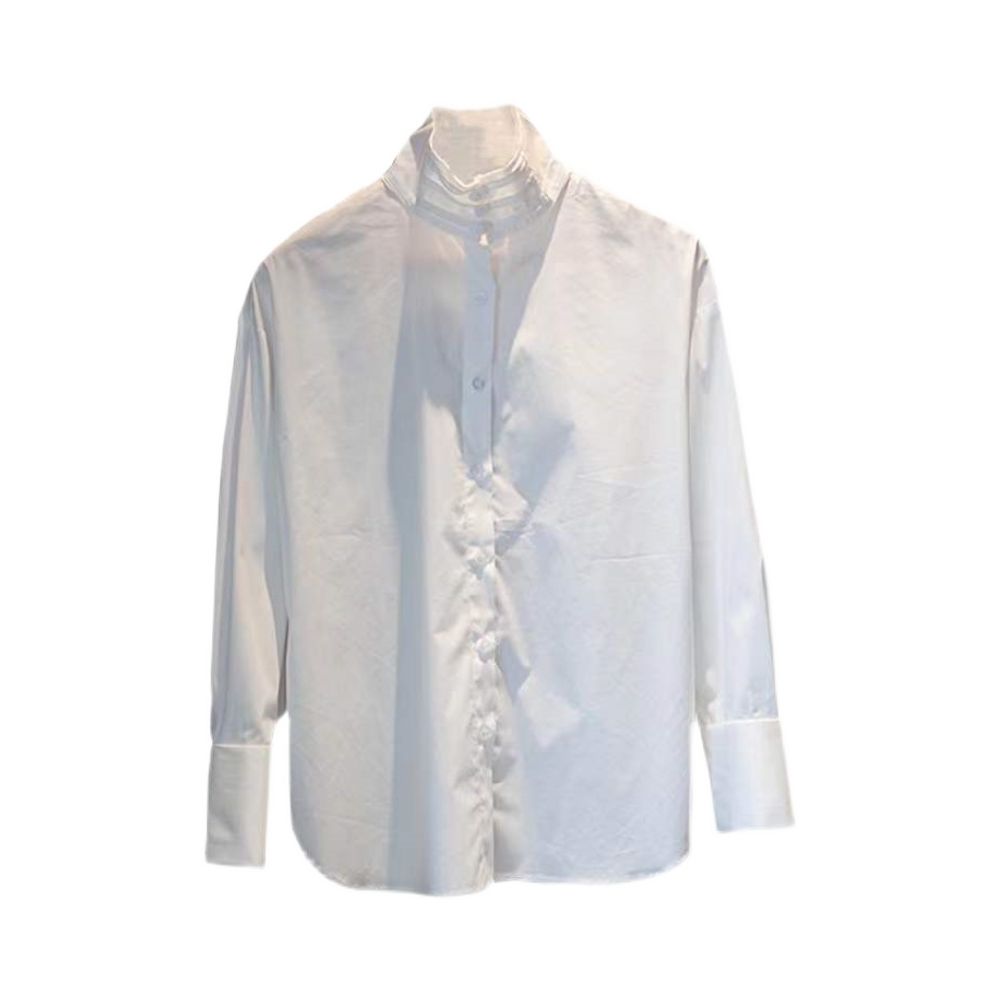 Chinese minimalist pure white cotton shirt women s button up stand collar versatile loose curved high slit long sleeved top T2066 image 5