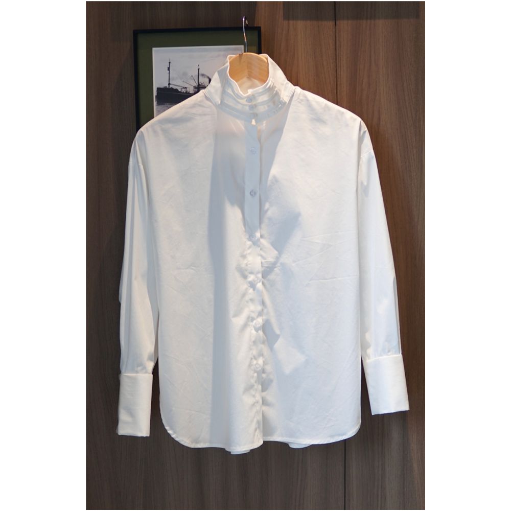 Chinese minimalist pure white cotton shirt women s button up stand collar versatile loose curved high slit long sleeved top T2066 image 7