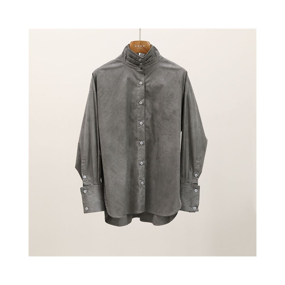 Chinese minimalist pure white cotton shirt women s button up stand collar versatile loose curved high slit long sleeved top T2066 image 13