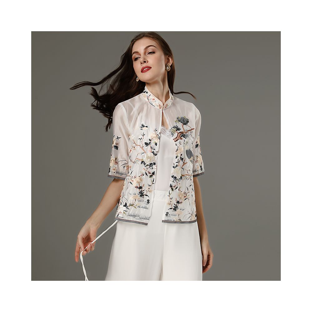 Ethnic style small top for women summer retro Chinese style Tian Si embroidery large size versatile small cardigan draped over air conditioning shirt image 26