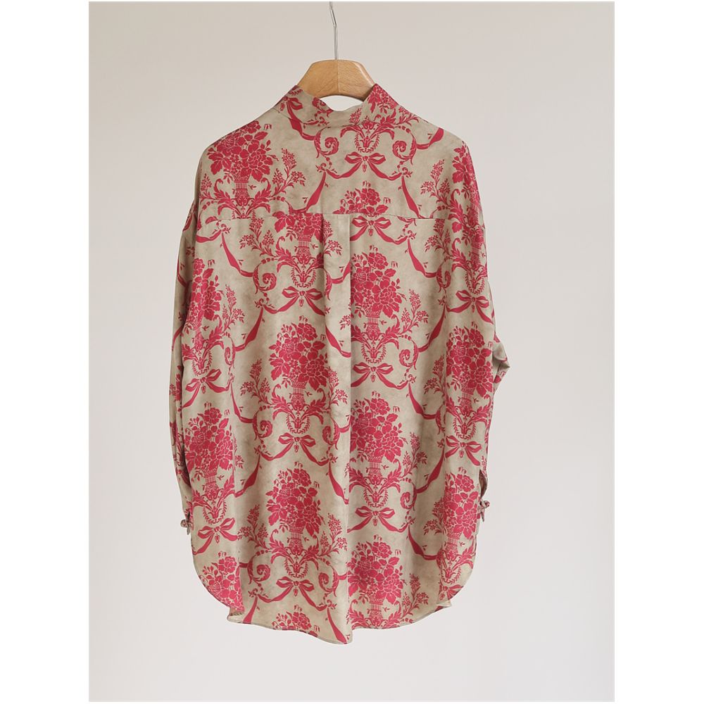 Chinese style printed copper ammonia silk shirt women s standing collar with loose and comfortable buckle retro new Chinese style top medium length Y51172 image 2