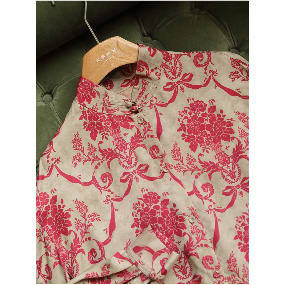 Chinese style printed copper ammonia silk shirt women s standing collar with loose and comfortable buckle retro new Chinese style top medium length Y51172 image 3