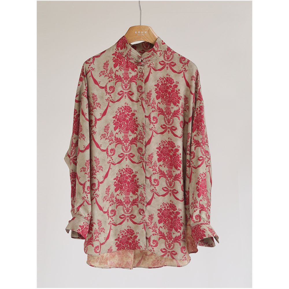 Chinese style printed copper ammonia silk shirt women s standing collar with loose and comfortable buckle retro new Chinese style top medium length Y51172 image 0