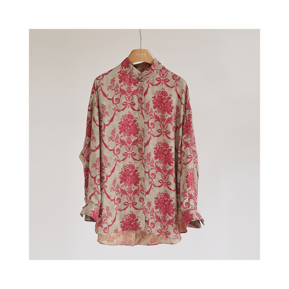 Chinese style printed copper ammonia silk shirt women s standing collar with loose and comfortable buckle retro new Chinese style top medium length Y51172 image 7