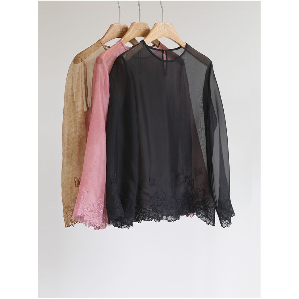 Temperament New Chinese style silk organza lace embroidered top women s round neck long sleeved loose slightly translucent shirt Y51179 image 2
