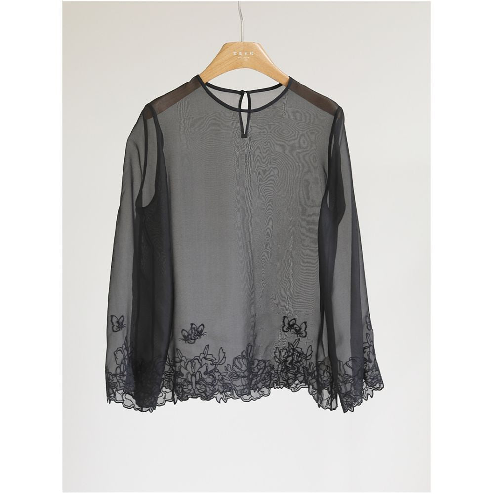Temperament New Chinese style silk organza lace embroidered top women s round neck long sleeved loose slightly translucent shirt Y51179 image 3