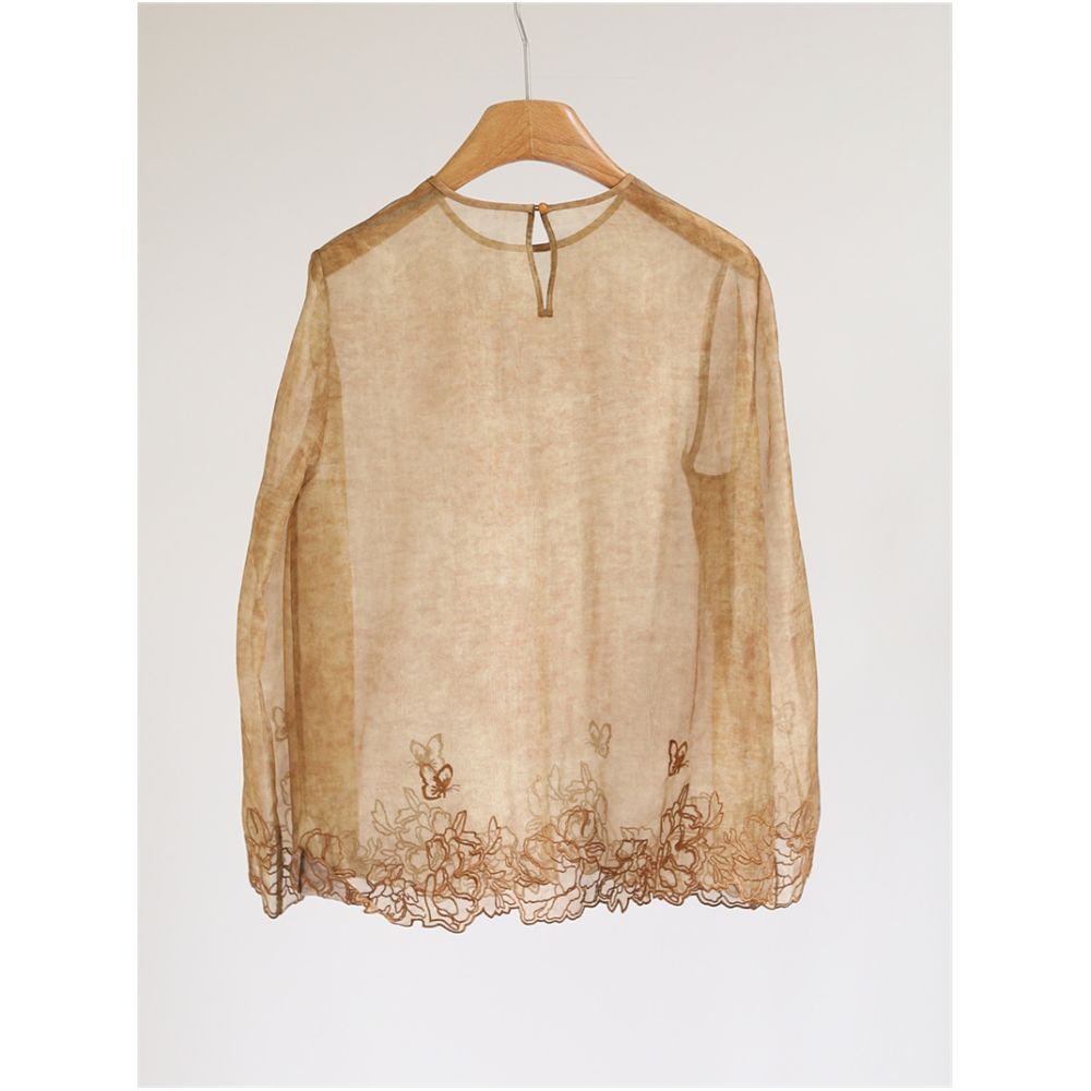 Temperament New Chinese style silk organza lace embroidered top women s round neck long sleeved loose slightly translucent shirt Y51179 image 4