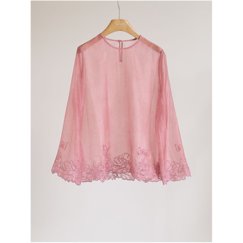 Temperament New Chinese style silk organza lace embroidered top women s round neck long sleeved loose slightly translucent shirt Y51179 image 0