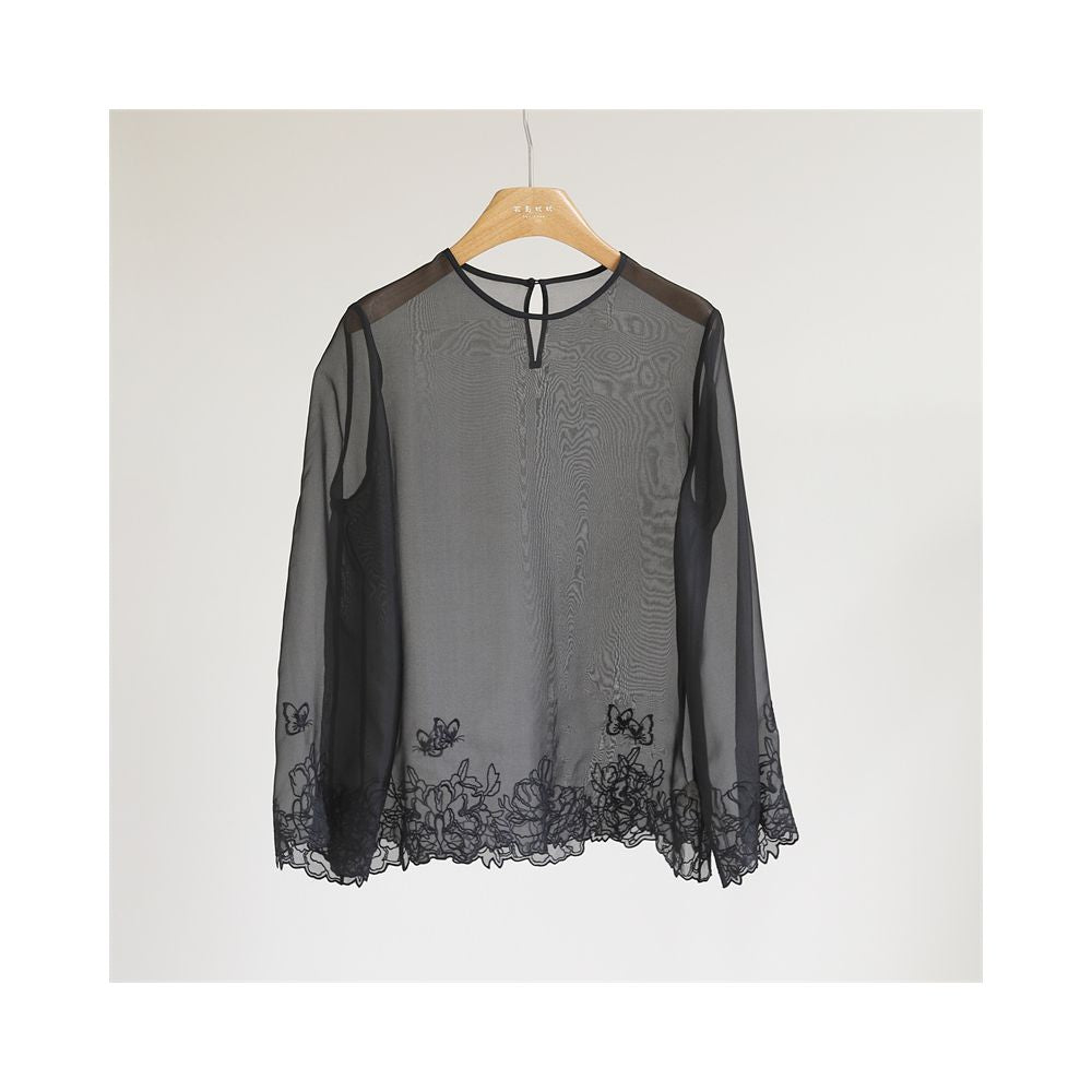 Temperament New Chinese style silk organza lace embroidered top women s round neck long sleeved loose slightly translucent shirt Y51179 image 8