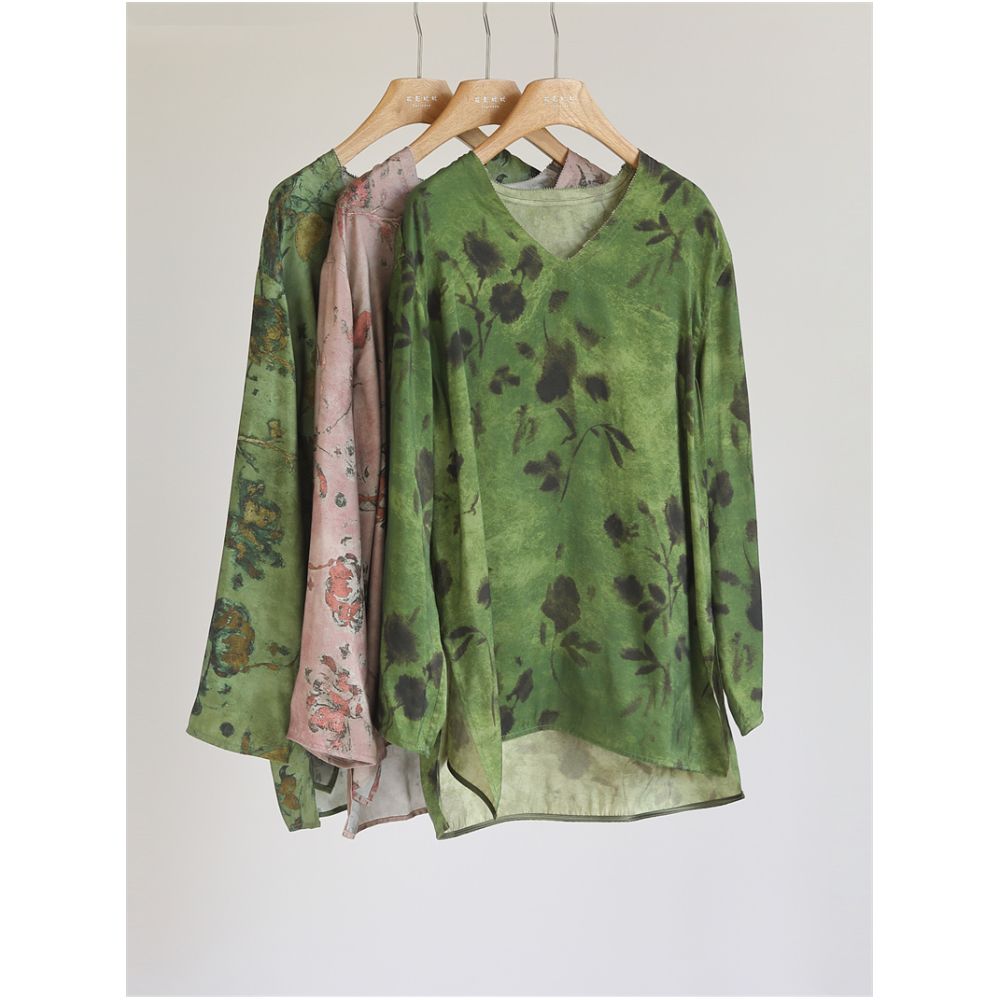 Chinese style printed cross dyed vintage loose top women s V neck long sleeved casual retro versatile shirt medium length J51196 image 1